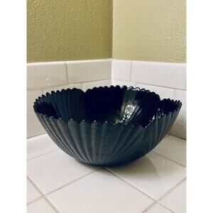 Arcoroc Lg Goth Black Glass Serving Bowl Sea Shell France Scallop Coquille 3 Qt
